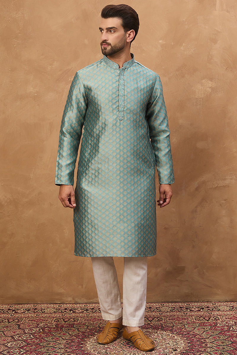 Blue Silk Blend Solid Woven Design Straight Kurta MKU1457