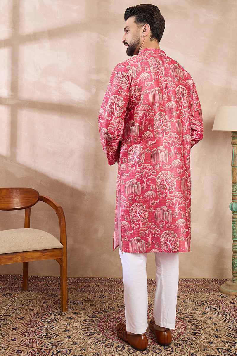 Pink Silk Blend Abstract Printed Straight Kurta With Trouser MKSET1995