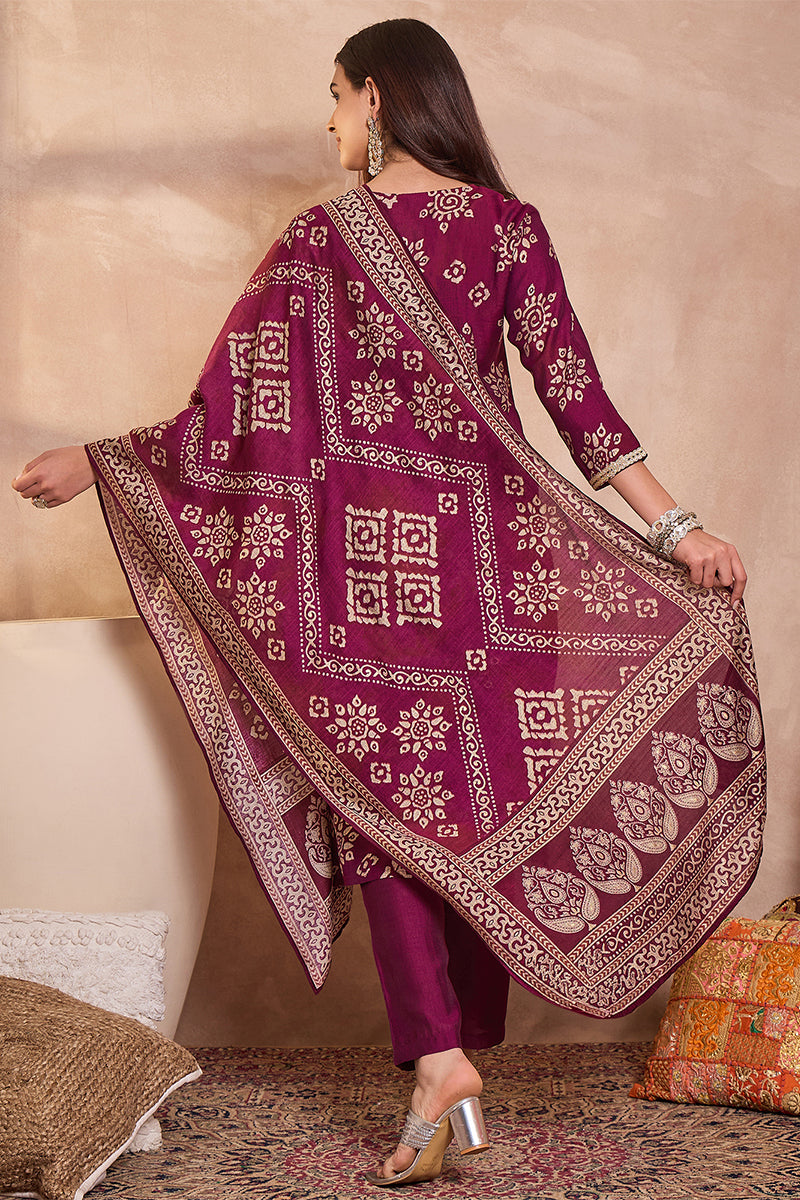 Purple Floral Printed Kurta With Trousers And Dupatta PKSKD3228