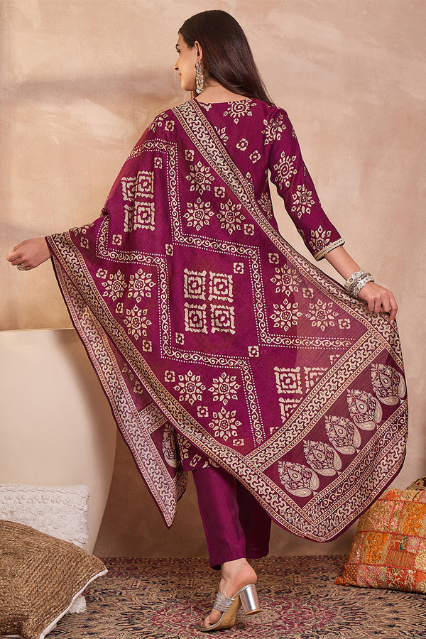 Purple Floral Printed Kurta With Trousers And Dupatta PKSKD3228