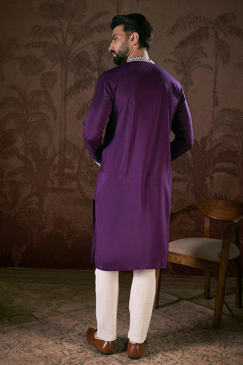 Purple Silk Blend Solid Embroidered Straight Kurta With Trouser MKSET1797