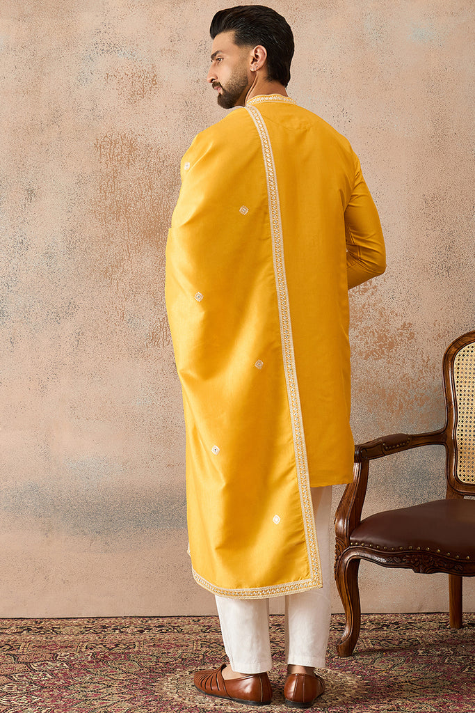 Yellow Silk Blend Solid Embroidered Kurta And Trouser With Dupatta MKPD1015