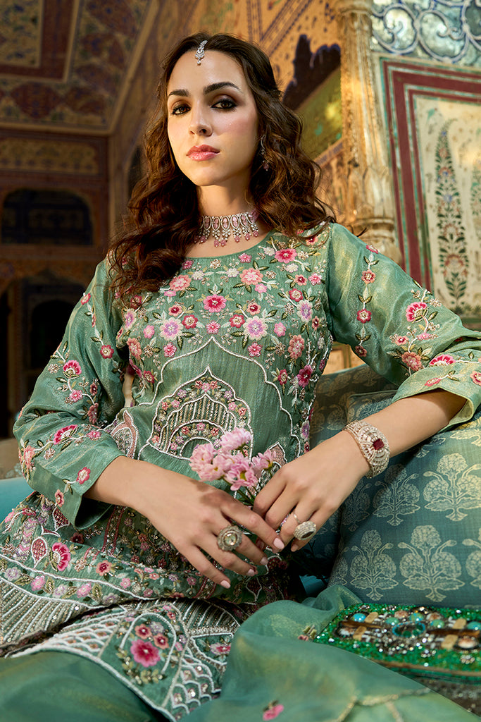 Green Solid Embroidered Straight Kurta Palaazo with Dupatta PKSKD3004