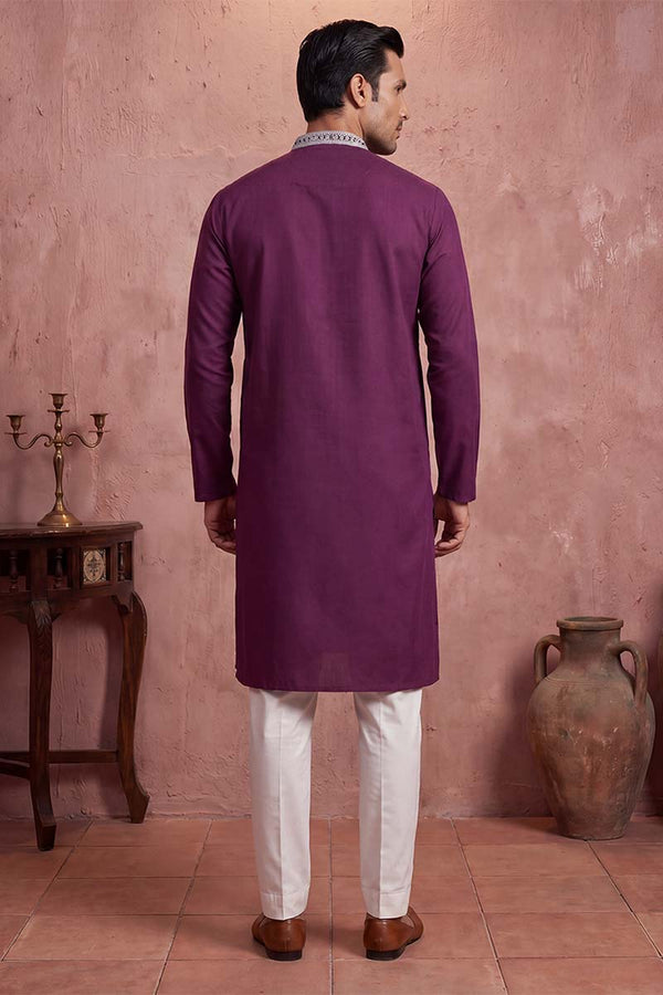 Silk Blend Purple Solid Embroidered Calf Length Straight Kurta With Trousers MKSET2272