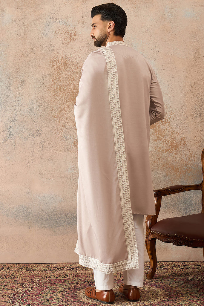 Beige Silk Blend Solid Embroidered Kurta With Dupatta MKUD1042