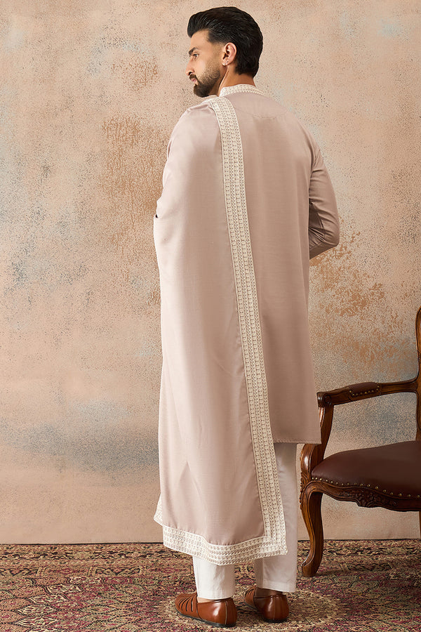Beige Silk Blend Solid Embroidered Kurta With Dupatta MKUD1042