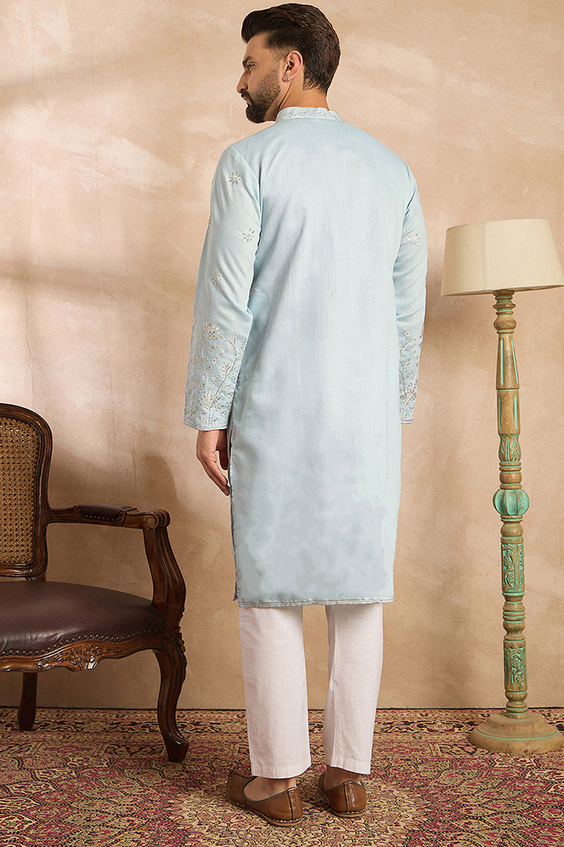 Blue Silk Blend Solid Embroidered Straight Kurta With Trouser MKSET1785