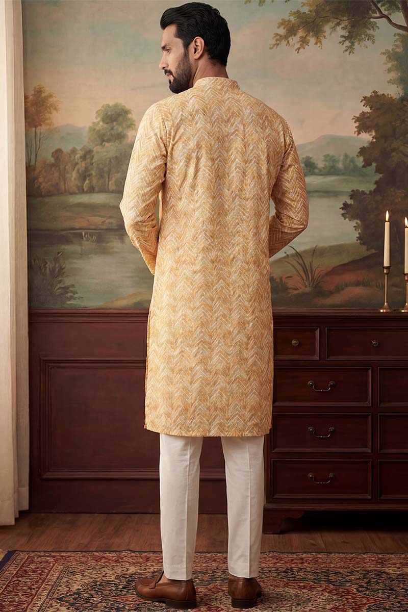 Yellow Cotton Blend Chevron Embroidered Kurta With Trouser MKSET2066