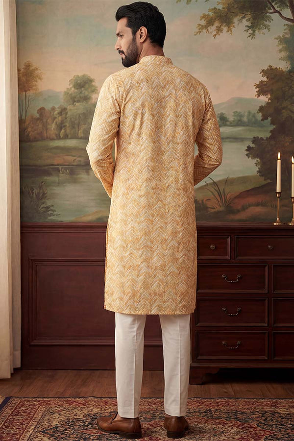 Yellow Cotton Blend Chevron Embroidered Kurta With Trouser MKSET2066