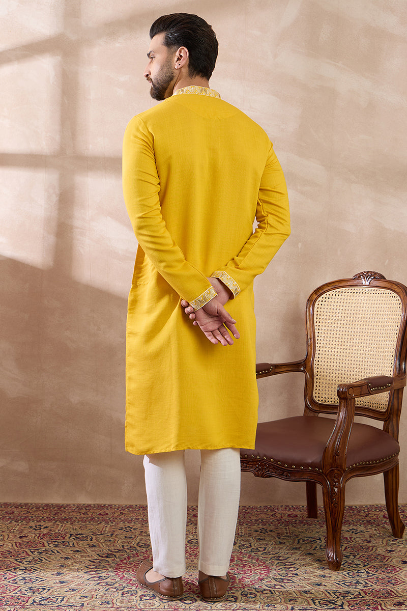 Yellow Silk Blend Embroidered Mandarin Collar Straight Kurta With Trouser MKSET2052