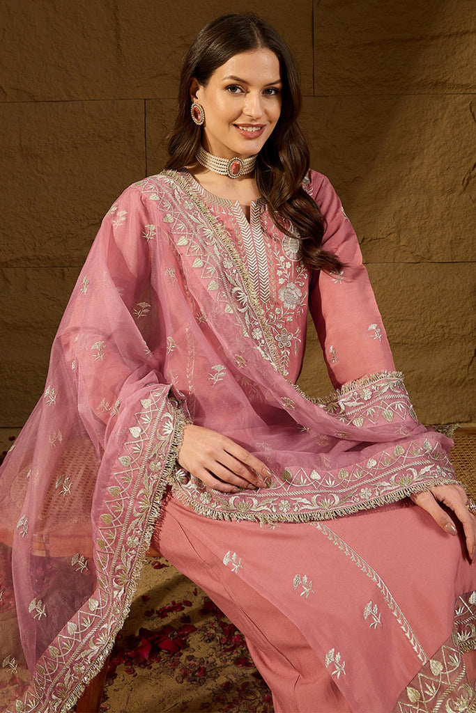 Pink Silk Blend Solid Embroidered Straight Kurta Trousers With Dupatta PKSKD2939