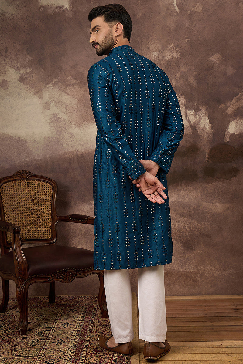 Blue Silk Blend Solid Embroidered Straight Kurta With Pant Set MKSET1358