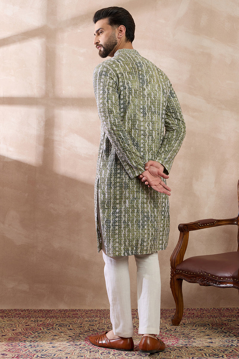 Green Silk Blend Printed Mandarin Collar Straight Kurta With Trouser MKSET1661