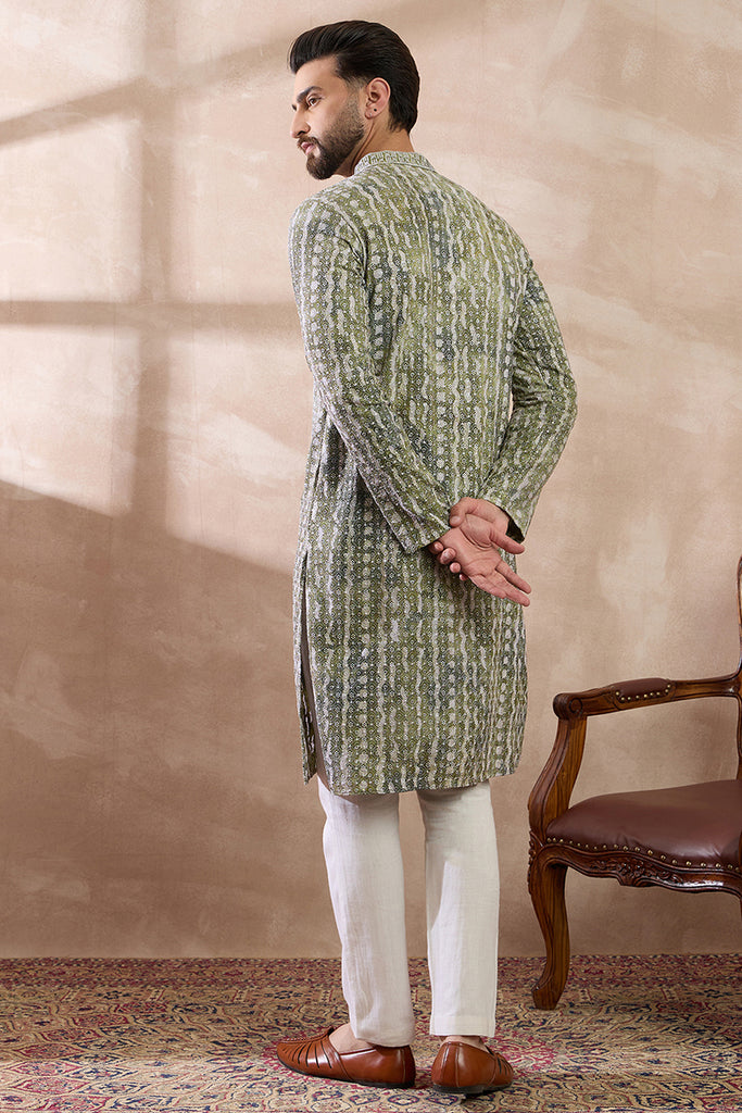 Green Silk Blend Printed Mandarin Collar Straight Kurta With Trouser MKSET1661