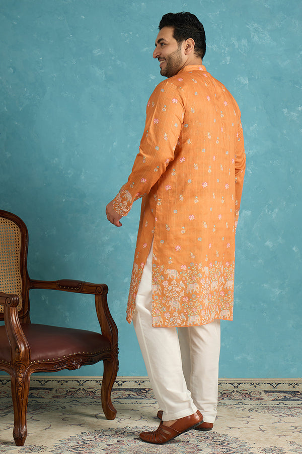 Orange Silk Blend Floral Sequins Printed Kurta MKU2349