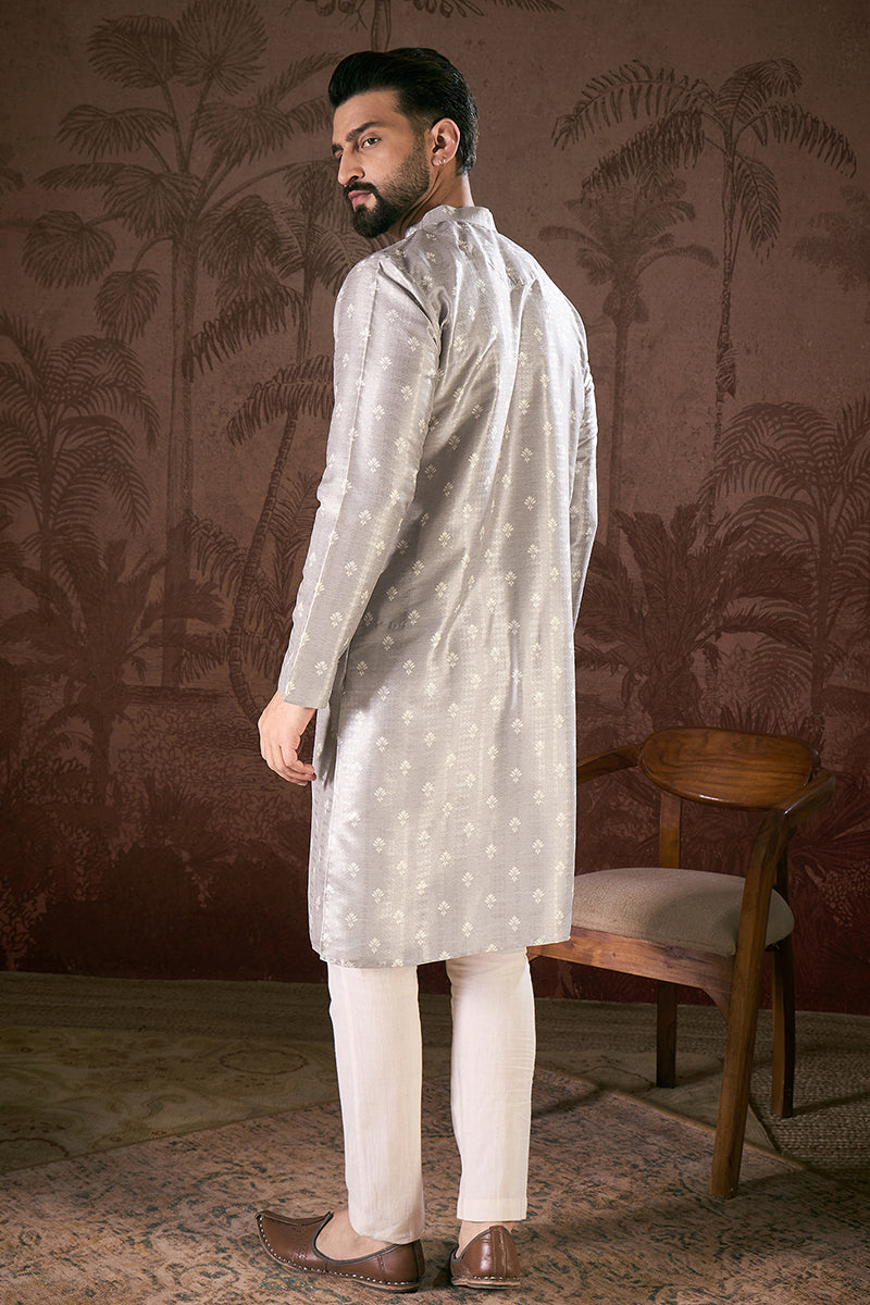 Grey Silk Blend Floral Printed Straight Kurta With Trouser MKSET1923