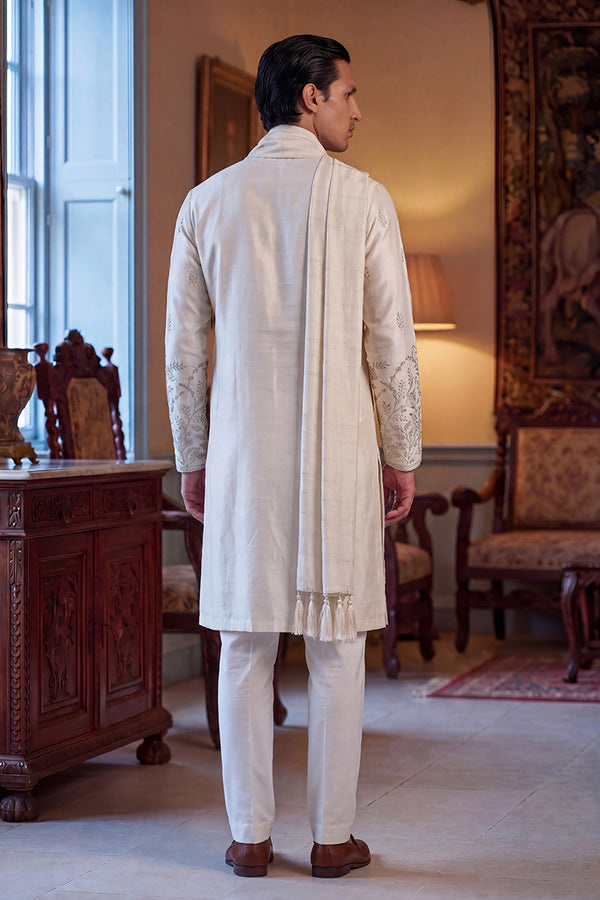 White Silk Blend Floral Embroidered Straight Kurta Trouser with Dupatta MKPD1784
