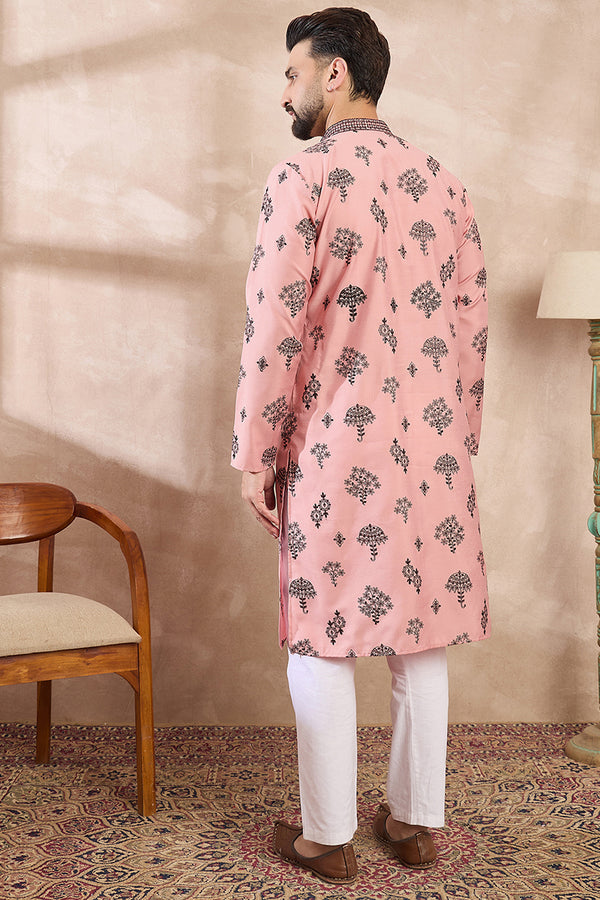 Peach Silk Blend Solid Embroidered Straight Kurta MKU1804