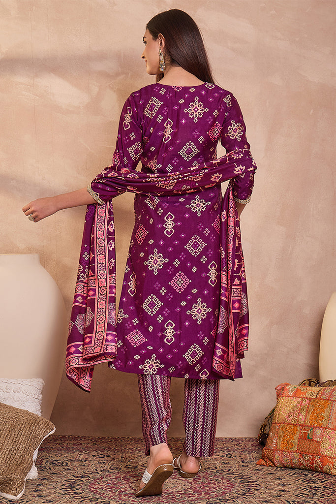 Purple Silk Blend Ethnic Motifs Printed Straight Kurta Trouser With Dupatta PKSKD3231