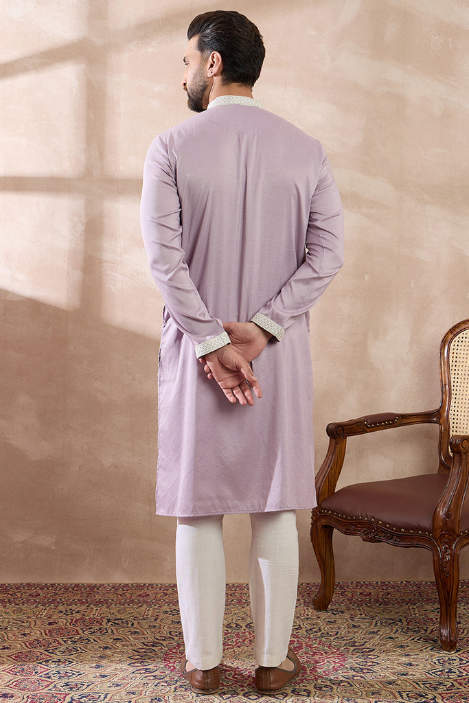 Lavender Silk Blend Embroidered Mandarin Collar Straight Kurta With Trouser MKSET1690