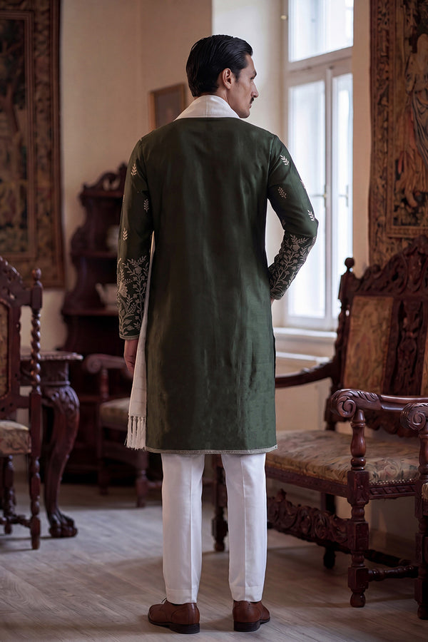 Olive Chanderi Silk Solid Embroidered Straight Kurta Trouser with Dupatta MKPD1319