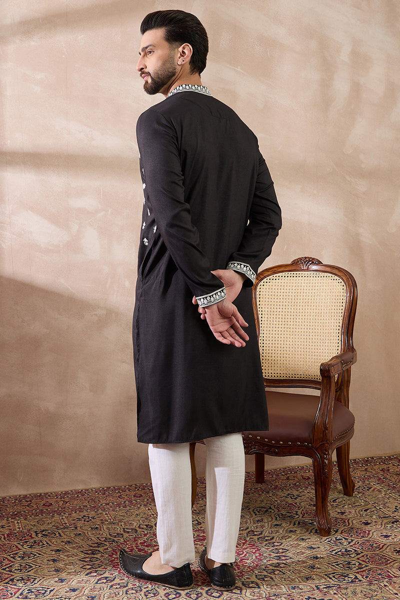 Black Silk Blend Embroidered Mandarin Collar Straight Kurta MKU1884