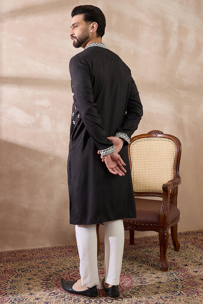 Black Silk Blend Embroidered Mandarin Collar Straight Kurta MKU1884