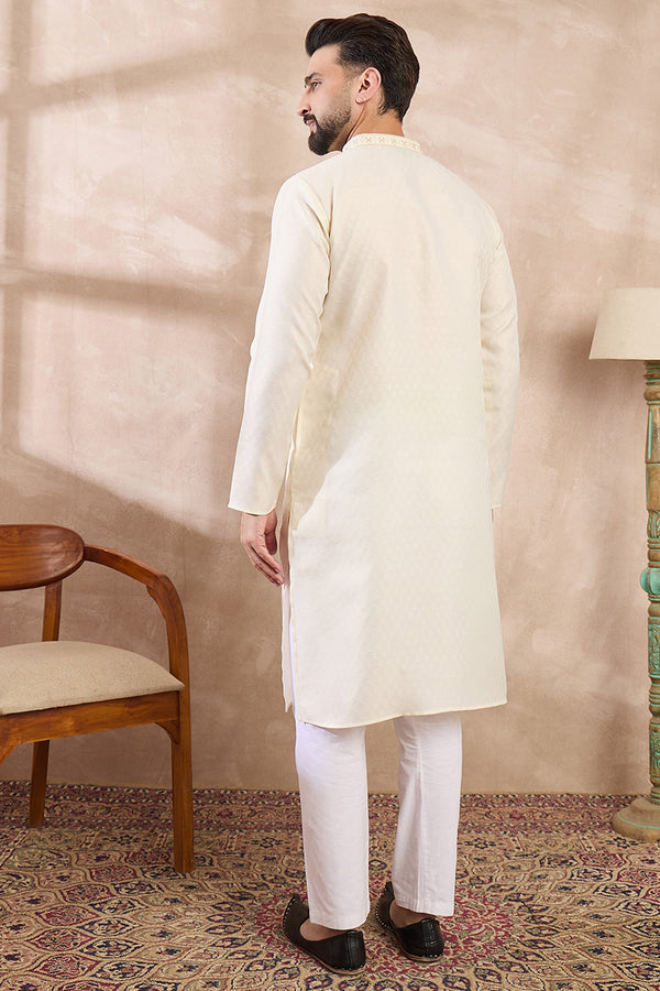Off White Silk Blend Solid Woven Design Straight Kurta With Trouser MKSET1897