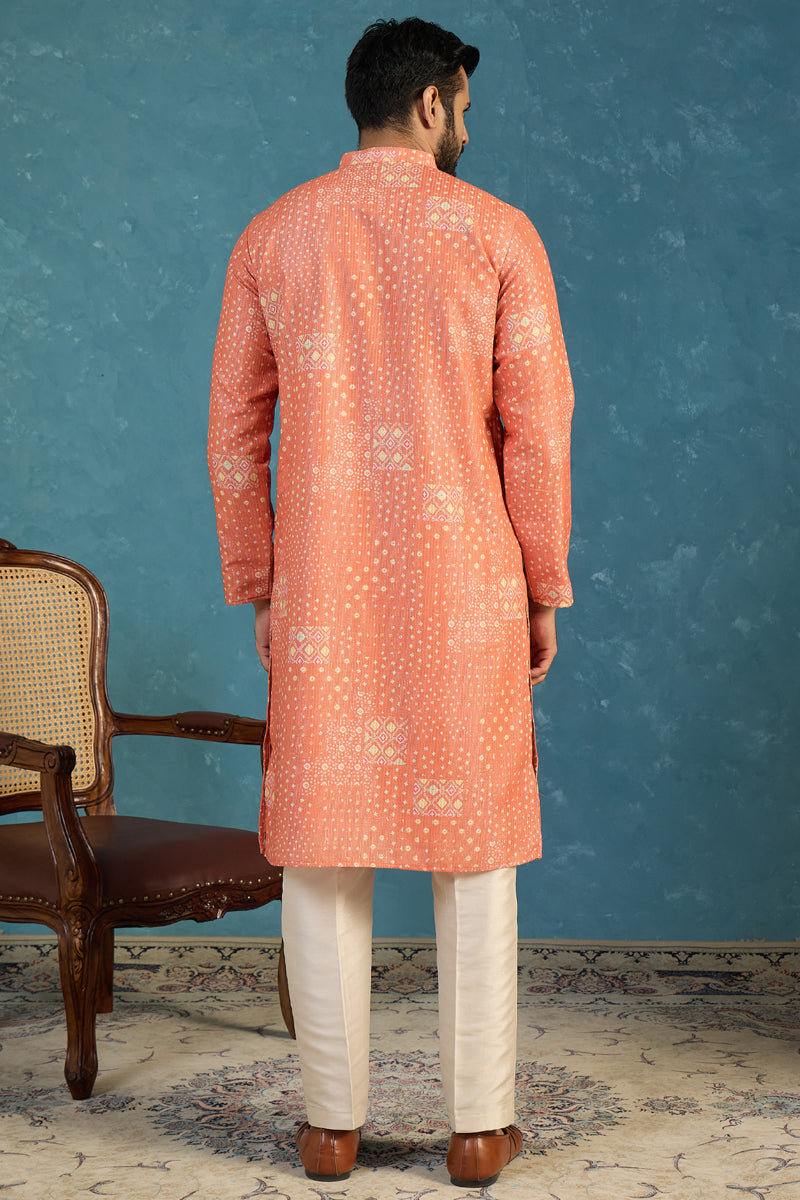 Orange Linen Blend Bandhani Printed Kurta With Trouser MKSET2638