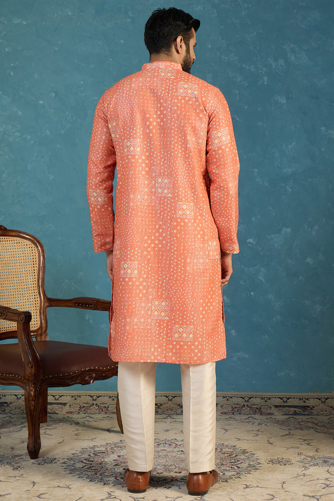 Orange Linen Blend Bandhani Printed Kurta With Trouser MKSET2638