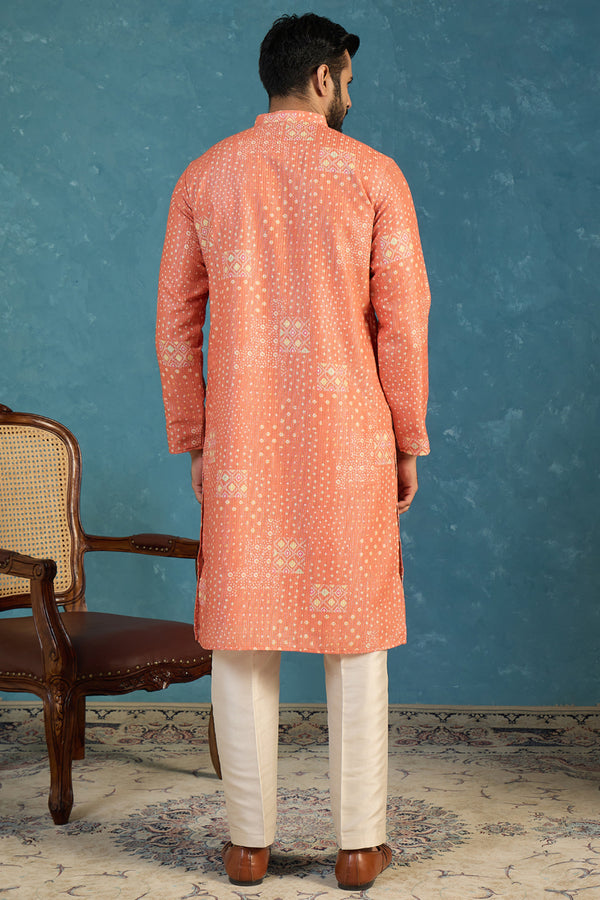 Orange Linen Blend Bandhani Printed Kurta With Trouser MKSET2638