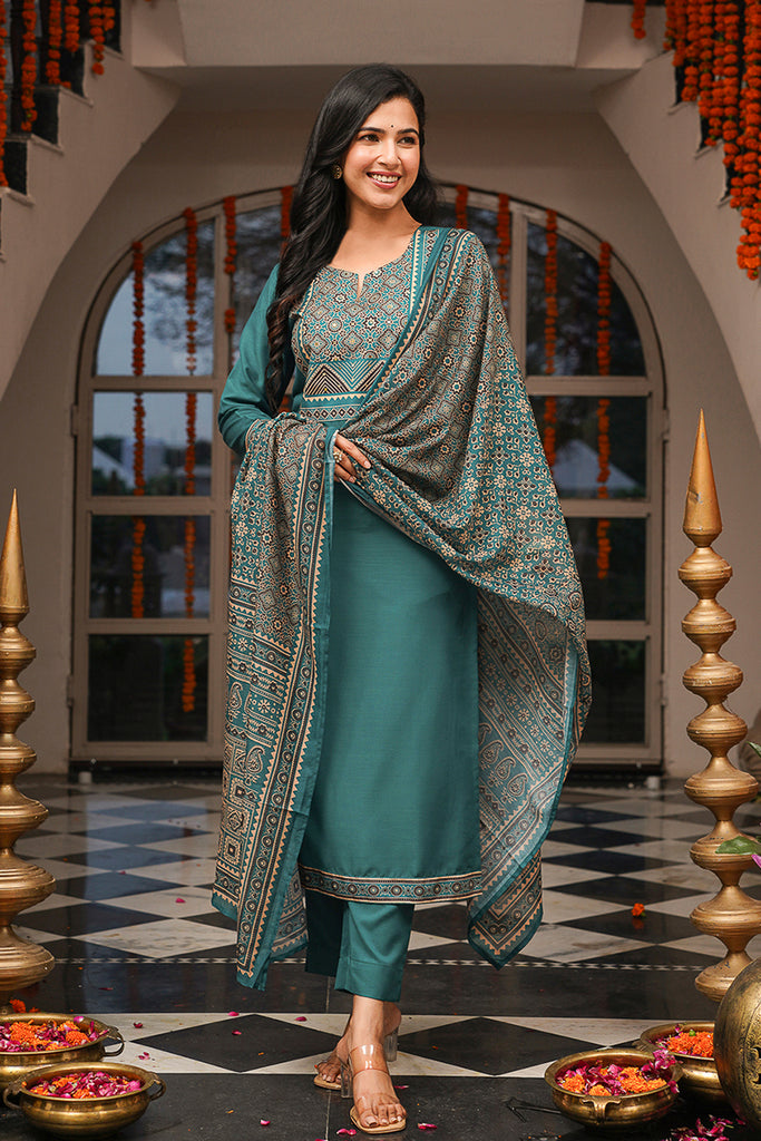 Teal Cotton Blend Ajrakh Printed Straight Kurta Trousers With Dupatta PKSKD3082