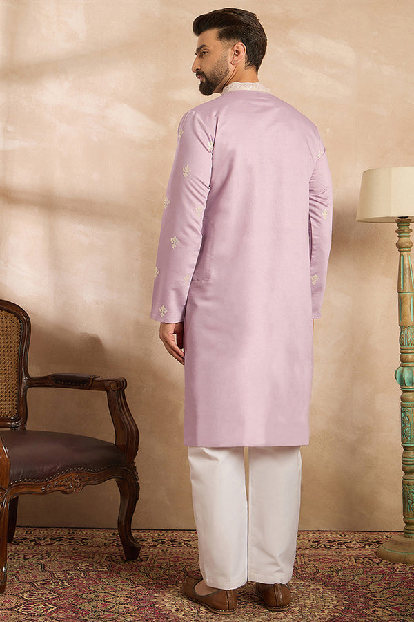 Lavender Polyester Solid Embroidered Straight Kurta MKU1753