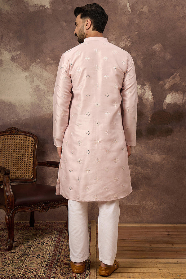 Pink Silk Blend Solid Embroidered Straight Kurta With Pant Set MKSET1362
