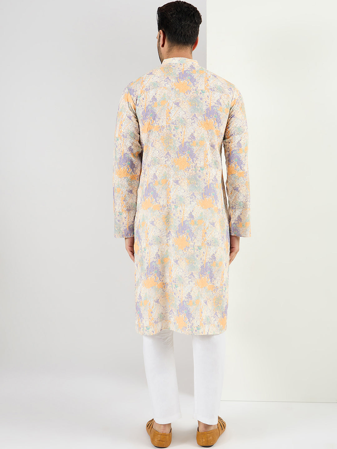 Ethnic Bay Men Off White Viscose Rayon Abstract Embroidered Chikankari Straight Kurta MKU1063