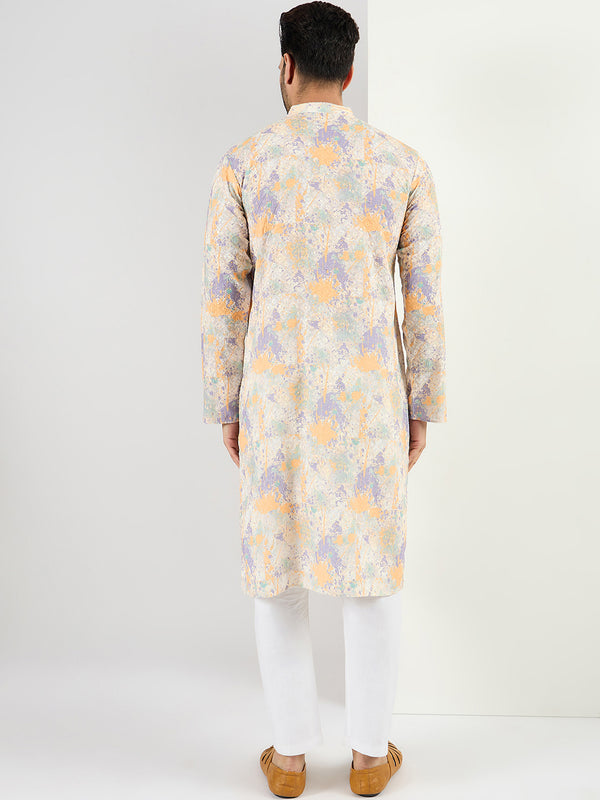 Ethnic Bay Men Off White Viscose Rayon Abstract Embroidered Chikankari Straight Kurta MKU1063