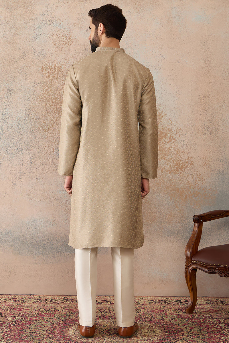 Beige Silk Blend Embroidered Solid Straight Kurta with Trousers  MKSET2326