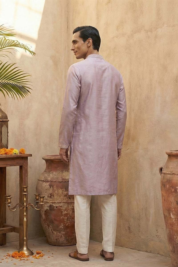 Lavender Silk Blend Embroidered Straight Kurta With Trousers MKSET2106