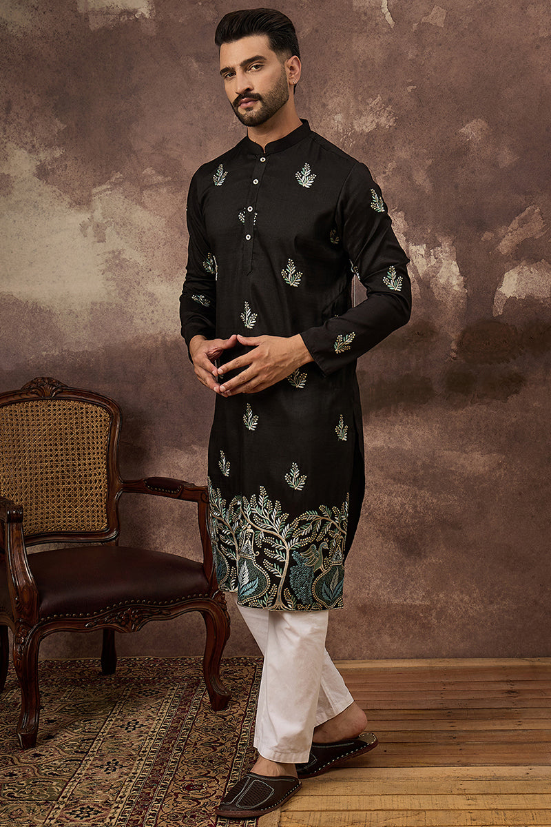 Black Silk Blend Solid Embroidered Straight Kurta with Trouser MKSET1348
