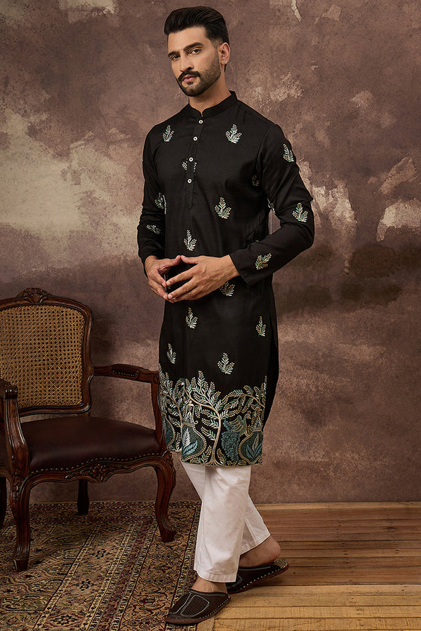 Black Silk Blend Solid Embroidered Straight Kurta with Trouser MKSET1348