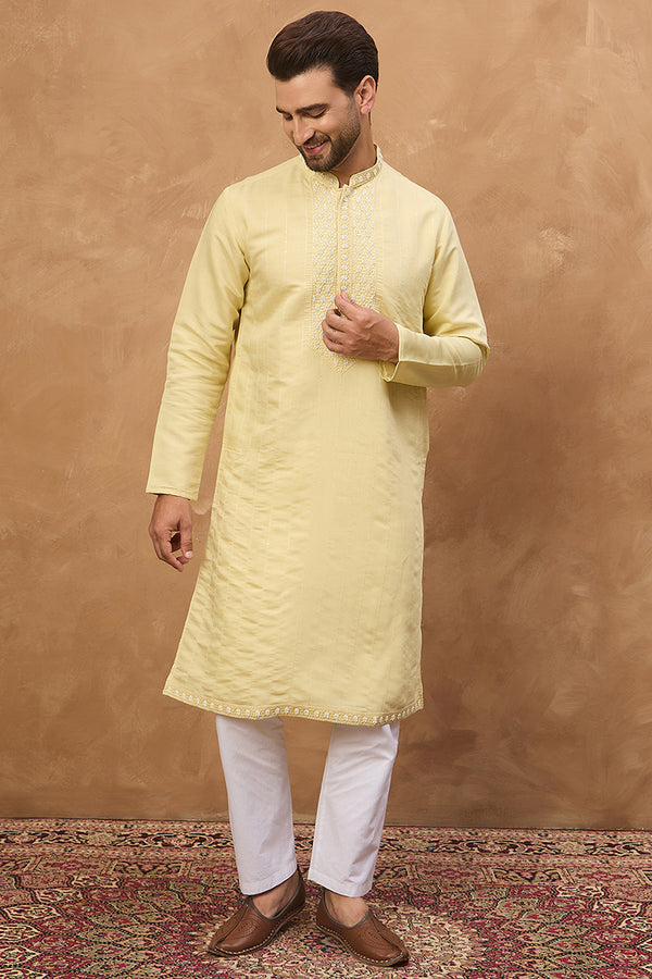 Yellow Silk Blend Solid Embroidered Straight Kurta MKU1507