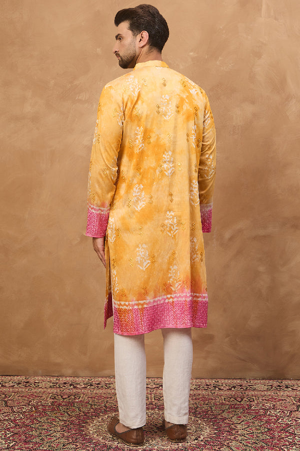 Yellow Silk Blend Batik Embroidered Straight Kurta MKU1513