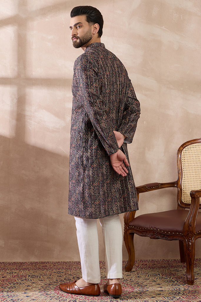 Black Silk Blend Printed Mandarin Collar Straight Kurta With Trouser MKSET2116