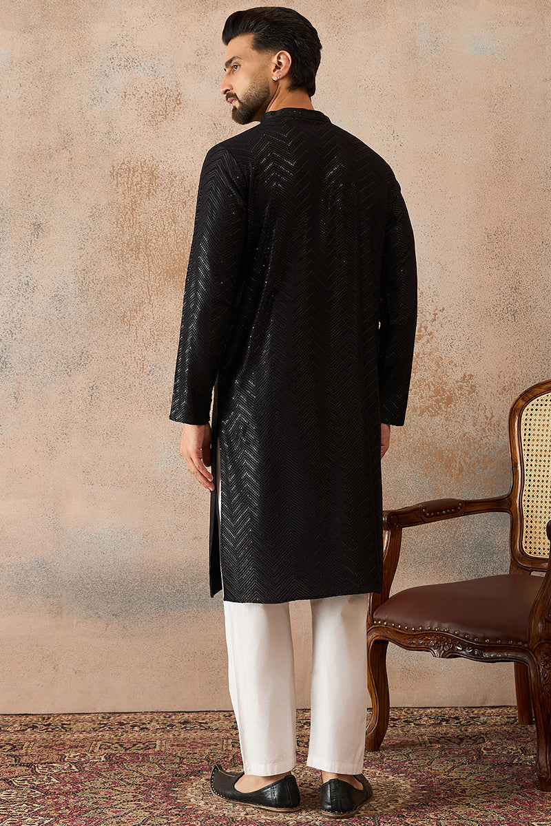 Black Rayon Embroidered Solid Straight Kurta With Trousers MKSET2190
