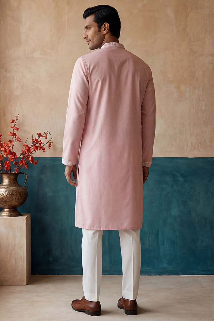 Pink Silk Blend Solid Embroidered Kurta MKU2088