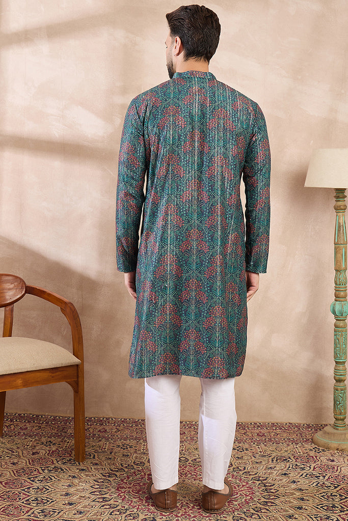 Blue Silk Blend Floral Printed Straight Kurta With Trouser MKSET1974