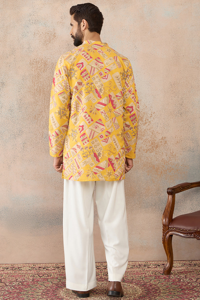 Yellow Silk Blend Ethnic Motifs Embroidered Kurta With Trouser MKSET2455