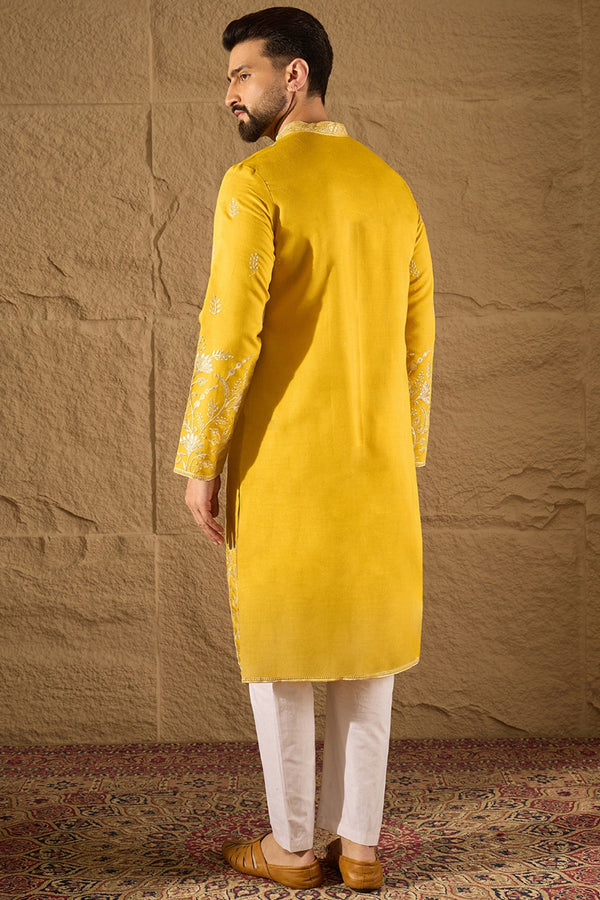 Yellow Verican Solid Embroidered Straight Kurta MKU1314