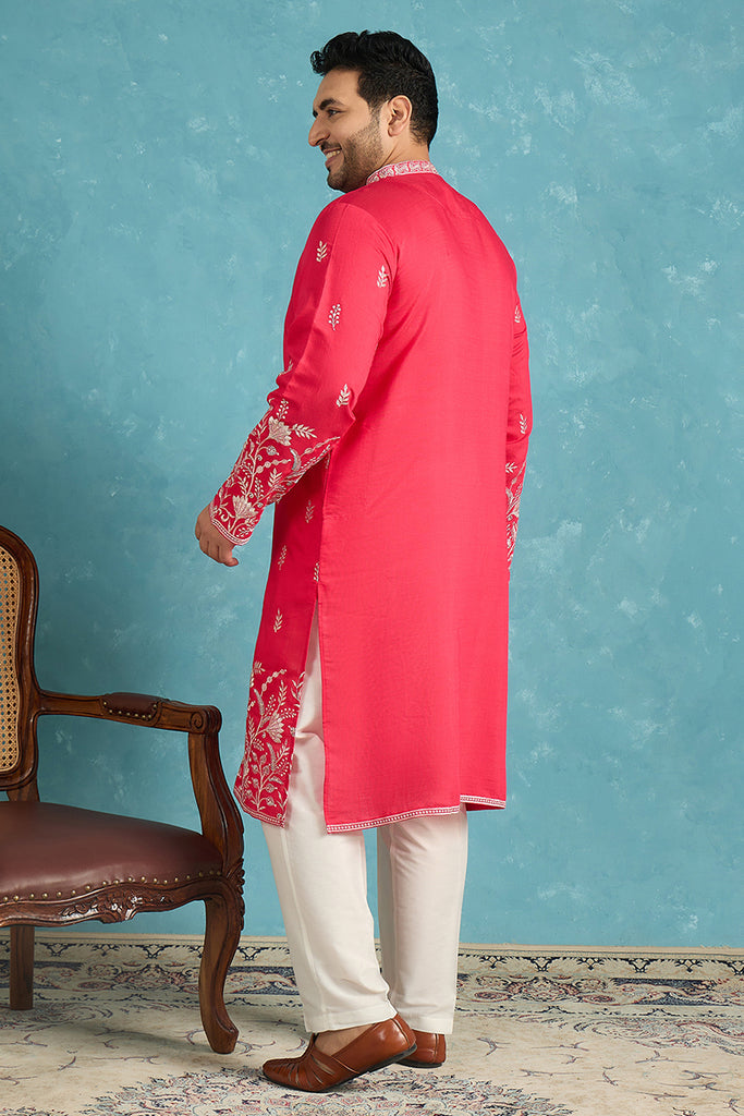 Pink Silk Blend Solid Thread Work Embroidered Kurta MKU1943