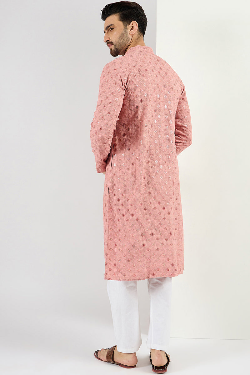 Pink Viscose Rayon Embroidered Straight Kurta With Pant Set MKSET1060